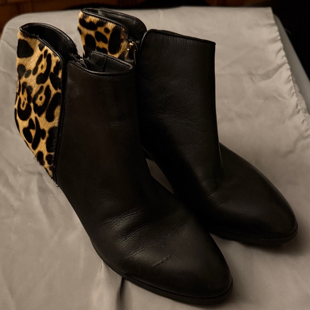 Franco Sarto Black and Leopard Print Ankle Boots